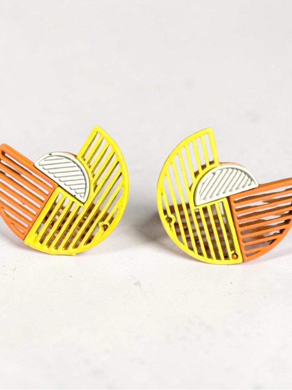 Geometric Half-Moon Enamel Earrings in Yellow, Orange, and White